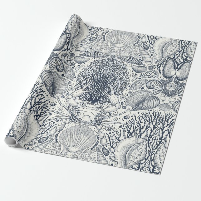 Strandschätze, Muscheln, Krabben, Korallen und Mee Geschenkpapier (Ungerollt)