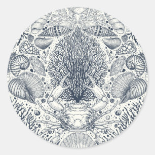 Strandschätze, Muscheln, Krabben, Korallen und Mee Runder Aufkleber