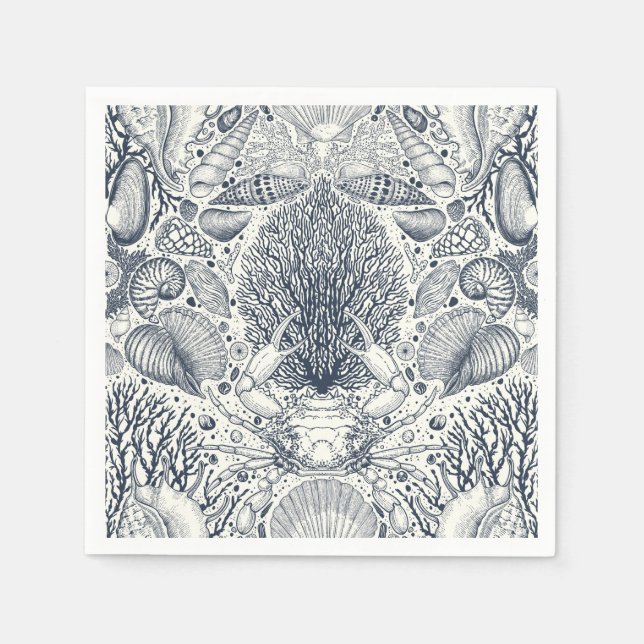 Strandschätze, Muscheln, Krabben, Korallen und Mee Serviette (Vorderseite)