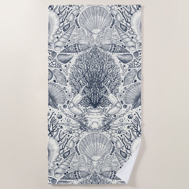 Strandschätze, Muscheln, Krabben, Korallen und Mee Strandtuch (Vorderseite)