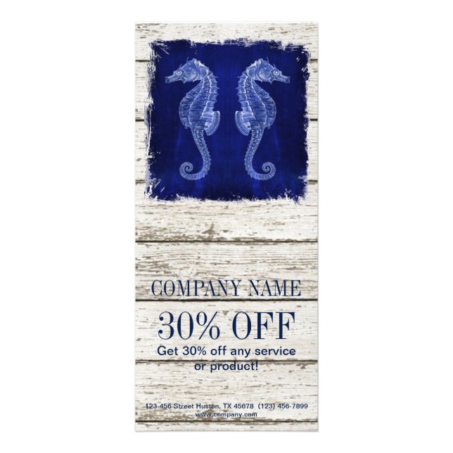 Strandschick Drift wood nautisches blaues Seepferd Werbekarte (Vorne)
