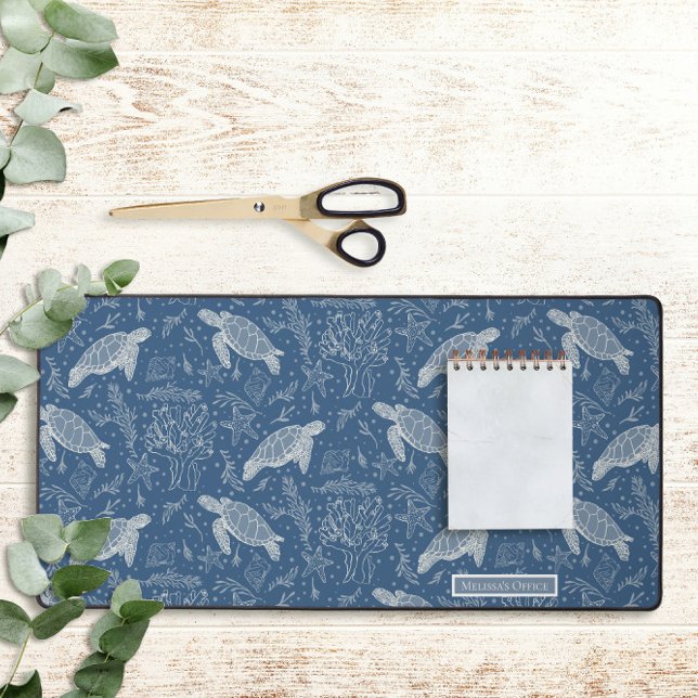Strandschildkröten Küstenkorallen Linie Art Navy B Schreibtischunterlage (Von Creator hochgeladen)