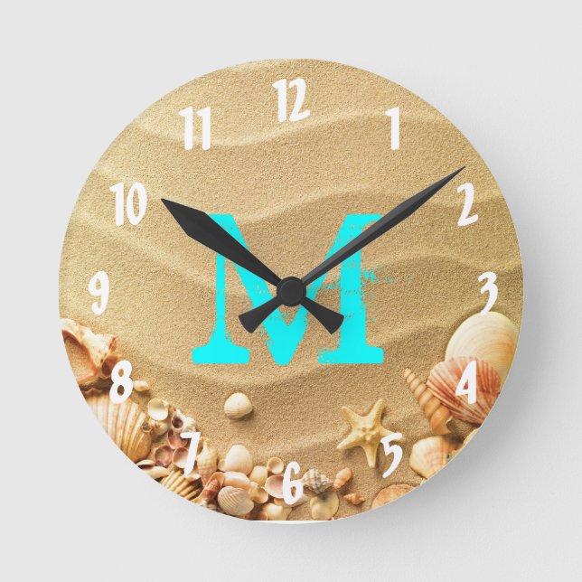 Strandseashells-Hawaii-Monogramm-Initialen-Wanduhr Runde Wanduhr (Vorderseite)