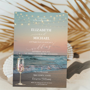 Strandsonnenuntergang, Champagnerglas Schrift Hoch Einladung