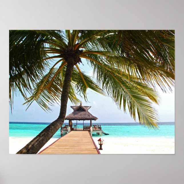 Strandspaziergang, Cabana, Palmen, Malediven Poster (Vorne)