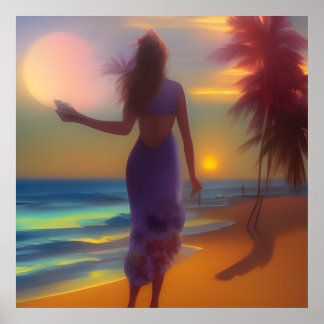 Strandspaziergang Frau Ozeanpalmen Poster