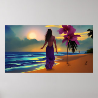 Strandspaziergänger lila Palmen im Ozean Poster