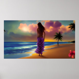 Strandspaziergänger lila Palmen in blauem Meer Poster
