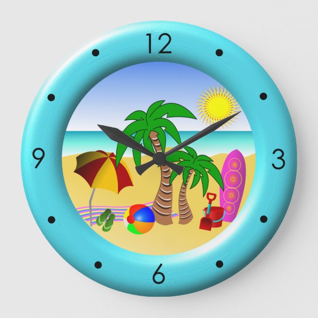 Strandsun-Meer und Brandungs-Spaß-große blaue Große Wanduhr (Vorderseite)