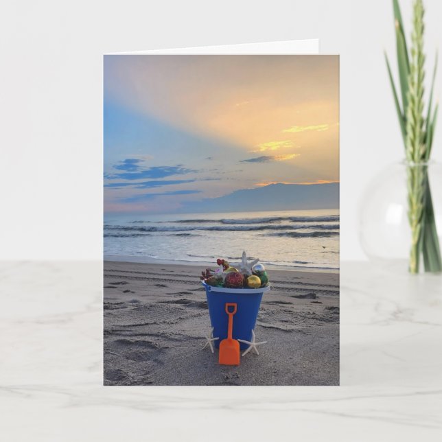 Strandthema gefaltete Ferienkarte mit Sonnenaufgan Einladung (Vorderseite)