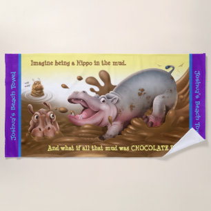 Strandtuch Muddy Hippos. Lila Kante