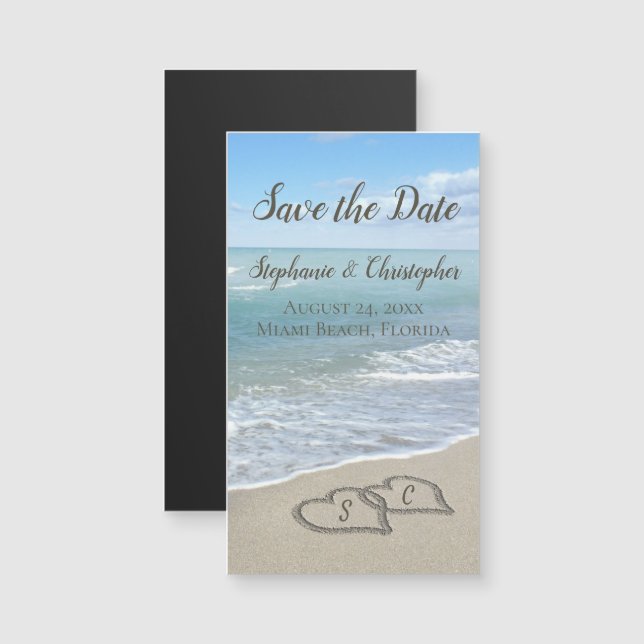 StrandWedding Monogram Herz in Sand Magnetkarte (Vorne/Hinten)