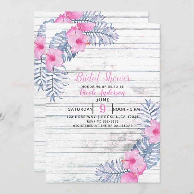 Strandweißes Holz Tropischer Hibiskus Blume Blumen Einladung (Vorne/Hinten)