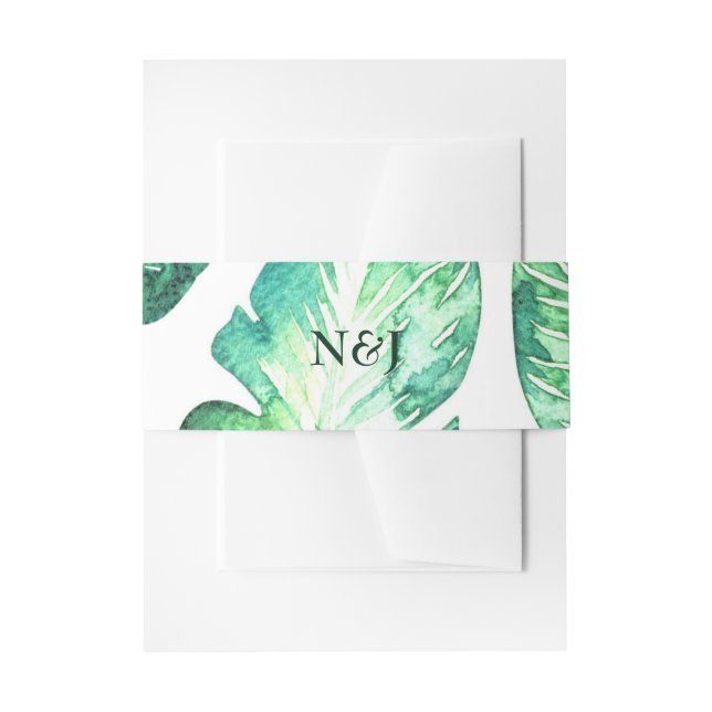 Strandweißes und grünes tropisches Blätter Hochzei Einladungsbanderole (Vorderseite Beispiel)