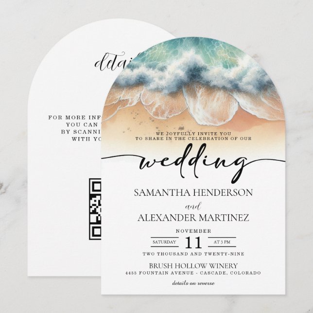 Strandwellen mit QR-Code-Hochzeit Einladung (Vorne/Hinten)