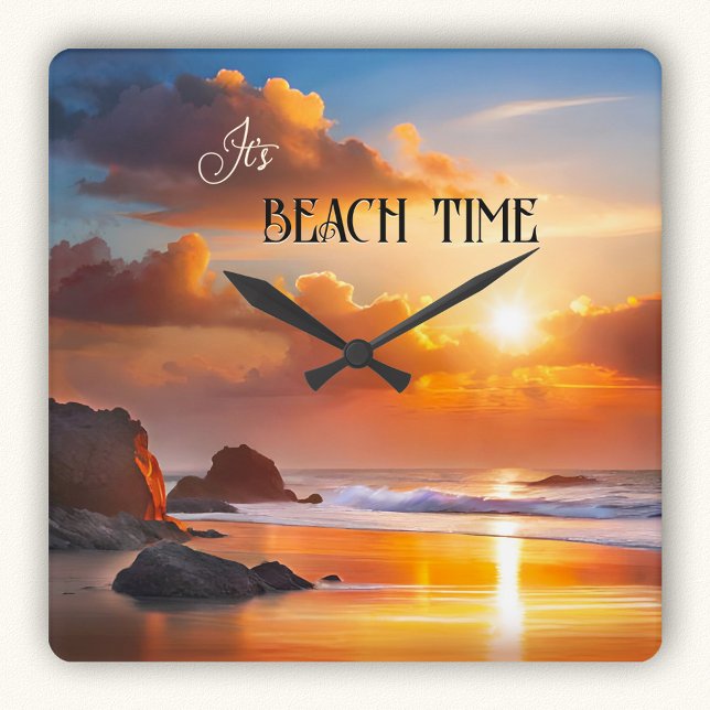 Strandzeit Sonnenuntergang farbenfroh Quadratische Wanduhr (Wall clock featuring a colorful painting of a sunset on the beach)