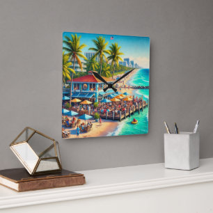 Strandzeit-Strandcafé-Wanduhr Quadratische Wanduhr