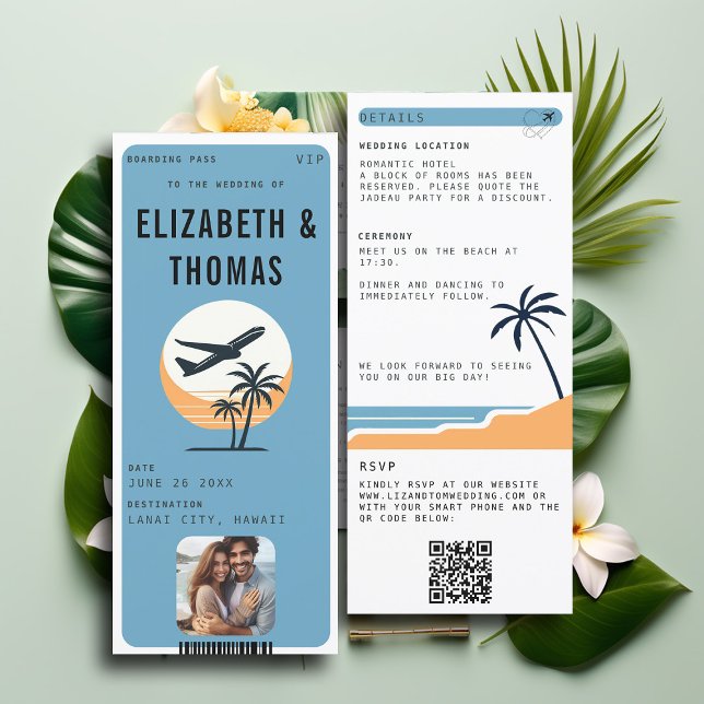 Strandziel Moderne Hochzeit des tropischen Fotos Einladung (tropical beach destination wedding invitation boarding pass qr code all in one photo QR modern)