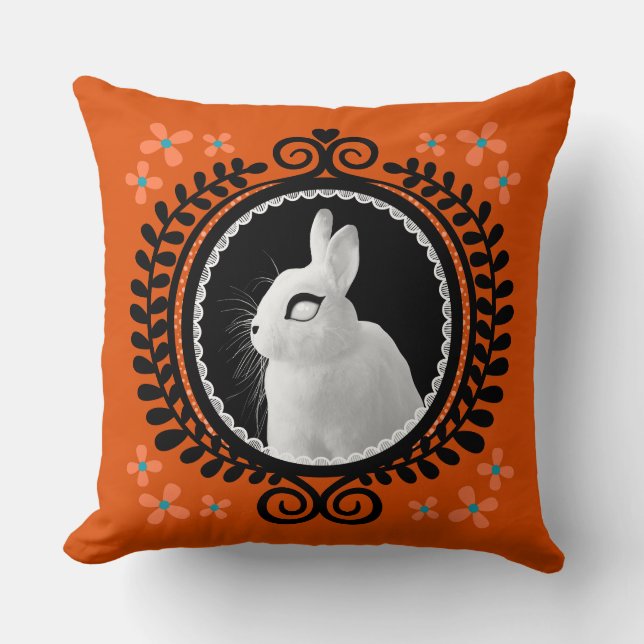 Strange White Bunny: Orange, Teal, & Black  Kissen (Vorderseite)