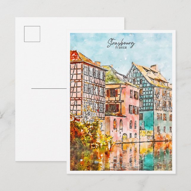 Straßburg Frankreich Jahrgang Reise Aquarell Postkarte (Vorne/Hinten)
