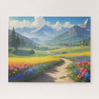 Straße, die zum Dorf mit Bergen in der Puzzle
