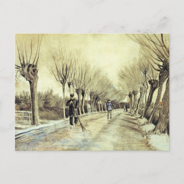 Straße mit Pollarded Willows und einem Mann mit Sc Postkarte (Vorderseite)