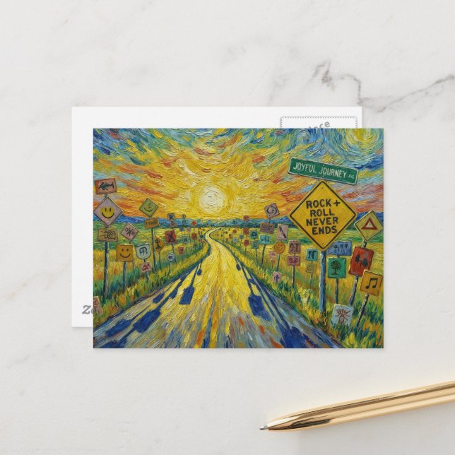 Straße mit Rock and Roll Never Ends auf Fels der F Postkarte (Vorderseite/Rückseite Beispiel)