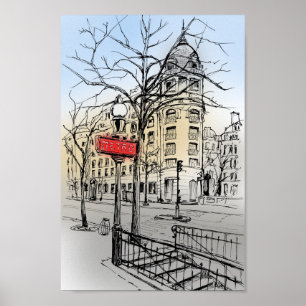 Straße von Paris mit handgezeichneter Tintenzeichn Poster