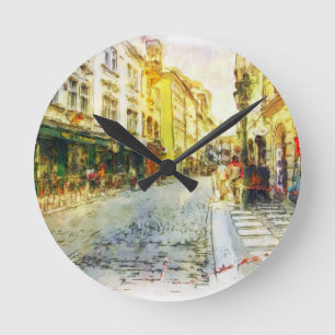 Straßen alten Prag-Aquarells Runde Wanduhr