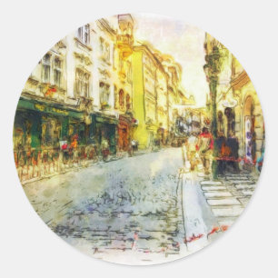 Straßen alten Prag-Aquarells Runder Aufkleber