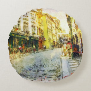 Straßen alten Prag-Aquarells Rundes Kissen