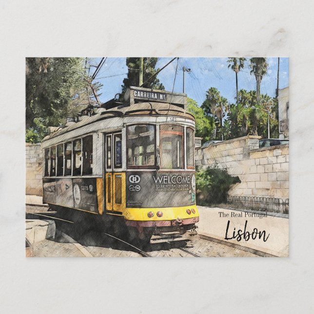 Straßenbahnen der Postkarte von Lissabon (Vorderseite)