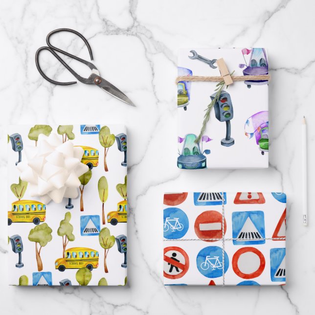 Straßenbau Lights School Bus Geschenkpapier Set (Vorderseite)