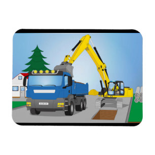 Straßenbaustelle mit blauem LKW und gelben Bagger Magnet