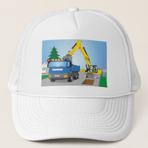 Straßenbaustelle mit blauem LKW und gelben Bagger Truckerkappe