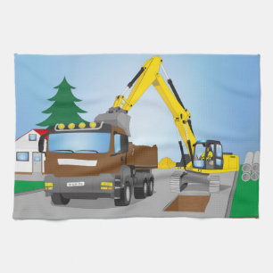 Straßenbaustelle mit braunem LKW und gelben Bagger Handtuch