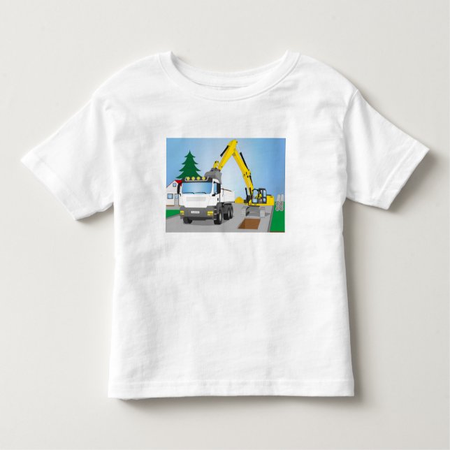 Straßenbaustelle mit weißem LKW und gelben Bagger Kleinkind T-shirt (Vorderseite)
