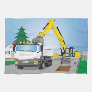 Straßenbaustelle mit weißem LKW und gelben Bagger Küchentuch