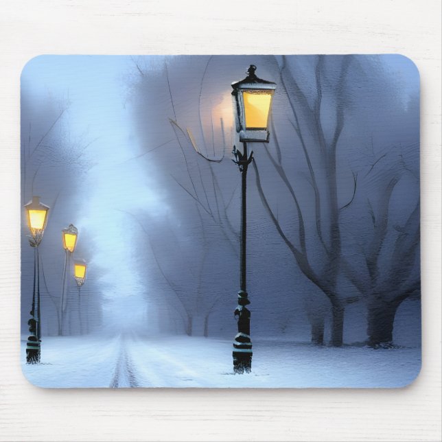 Straßenleuchten leuchten im Winter Wonderland Mousepad (Vorne)