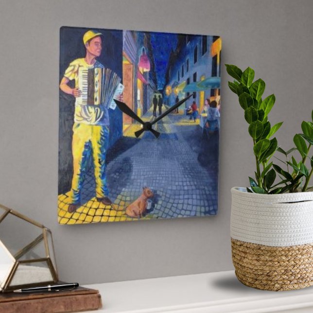 Straßenmusiker-Doggie-Uhr Quadratische Wanduhr (Von Creator hochgeladen)