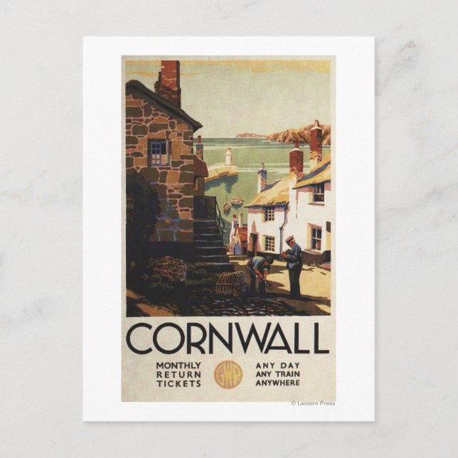 Straßenszene mit Zwei-Männer-Arbeitsbahn Postkarte (Vorderseite)