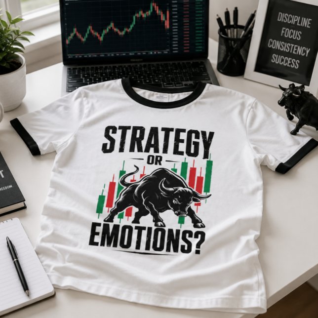 Strategie oder Emotionen Bull Trading-Mindset-Desi T-Shirt (Image shown for illustration purposes only.)