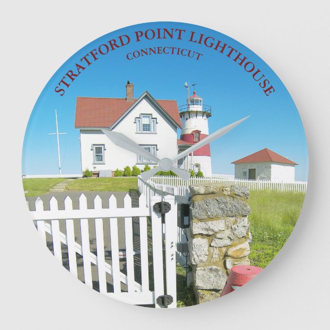 Stratford Point Lighthouse Connecticut Round Clock Große Wanduhr (Vorderseite)