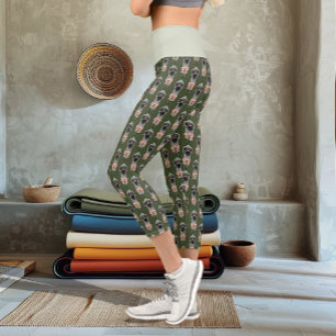 Straußenei Pink  Blumen Olivgrün Art Deco Capri Leggings