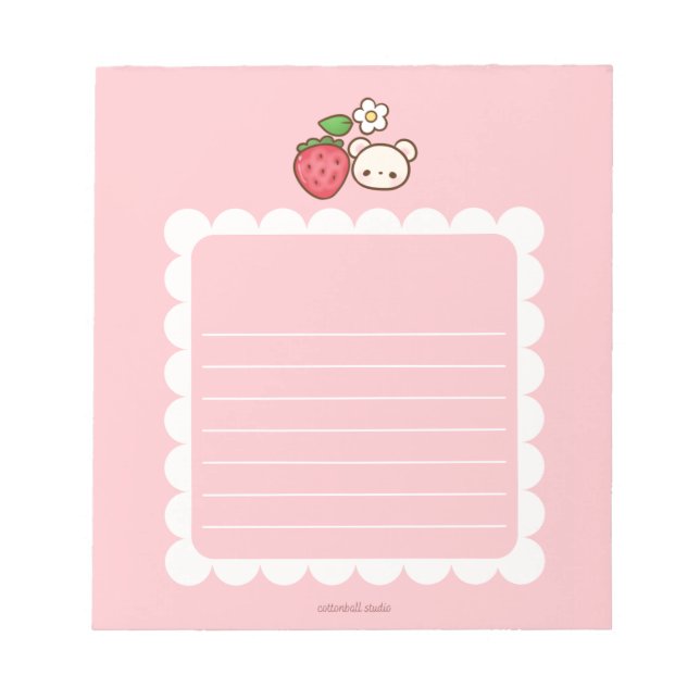 Strawbeary Pink Scallop Border Cute Bear Notepad Notizblock (Vorderseite)