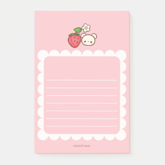 Strawbeary Pink Scallop Border Cute Bear Notepad Post-it Klebezettel