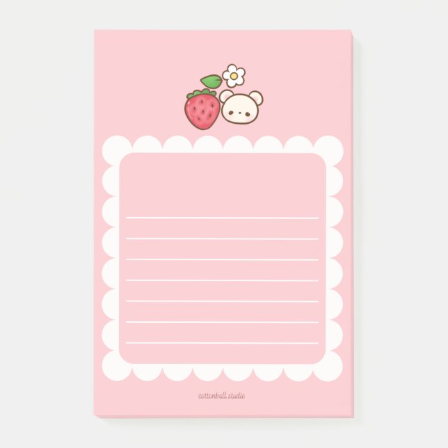 Strawbeary Pink Scallop Border Cute Bear Notepad Post-it Klebezettel (Vorderseite)