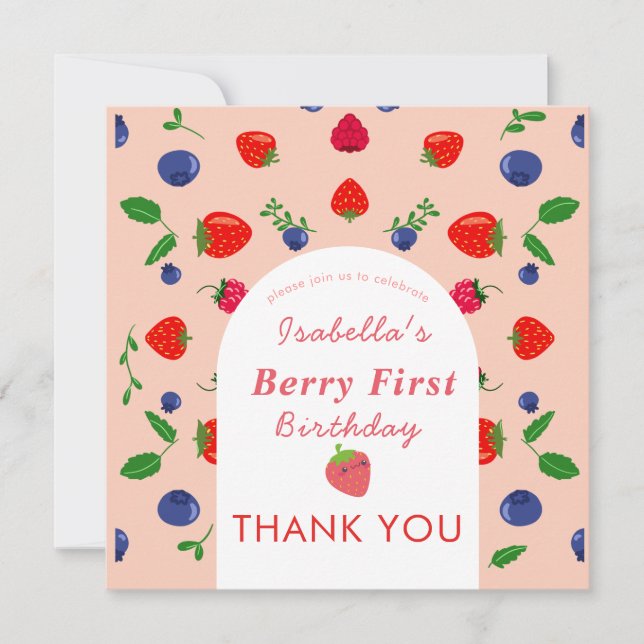 Strawber Berry Erster Geburtstag  Dankeskarte (Vorderseite)