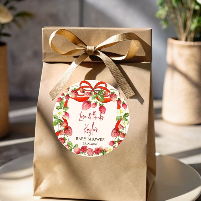Strawbere Band Bogen Coquette Babydusche Gefallen Runder Aufkleber (Strawberry ribbon bow coquette baby shower favors 
 personalized printed sticker)