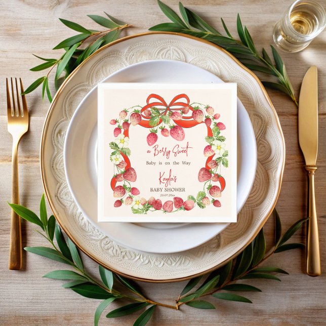 Strawbere Band Bogen Coquette Babydusche Serviette (Strawberry red ribbon bow coquette berry sweet baby shower personalized printed napkins)